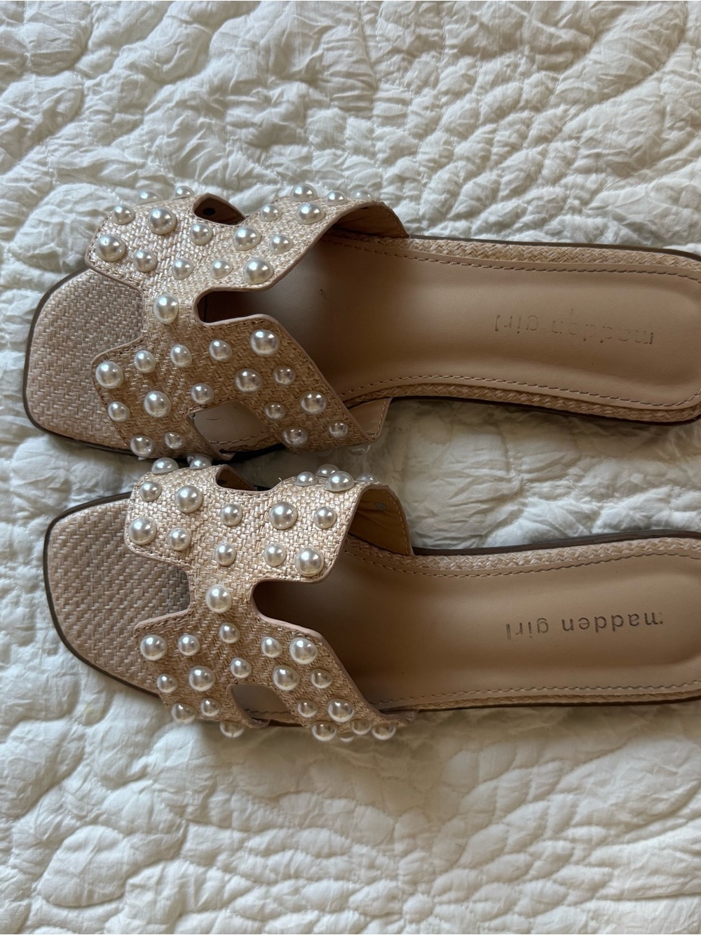 Madden Girl Pearl-Studded Beige Slide Mules